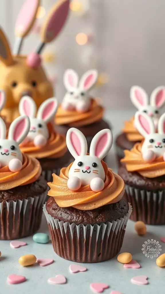 Chocolate Bunny Cupcakes with orange frosting and cute bunny decorations