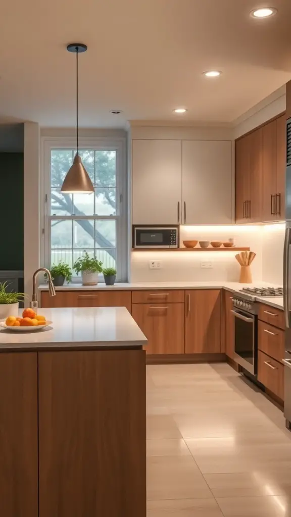 A modern kitchen featuring integrated smart lighting with recessed lights and a pendant light.