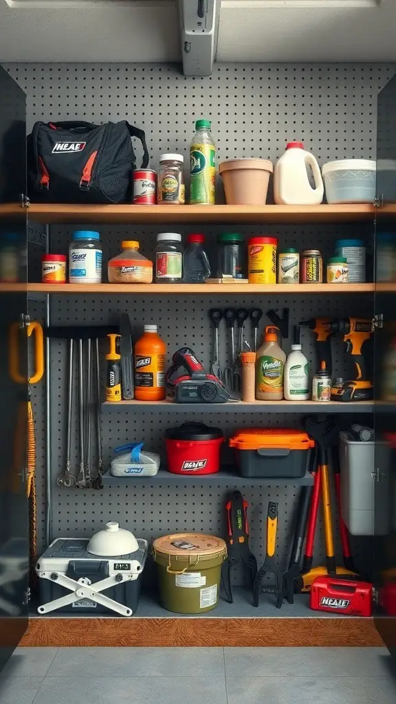 27+ Stylish Garage Cabinet Ideas for an Organized Space 5 A well-organized garage cabinet with open shelving displaying tools and supplies.