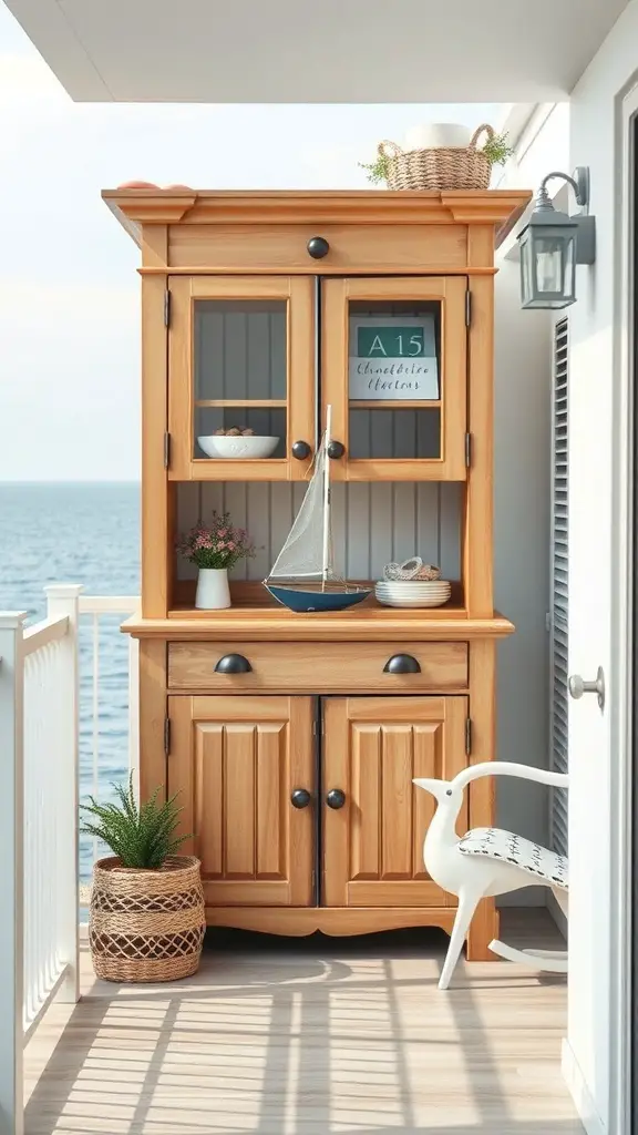 29+ Inspiring Balcony Cabinet Ideas 12 A wooden nautical-themed cabinet on a balcony overlooking the sea, decorated with a small sailboat and plants.