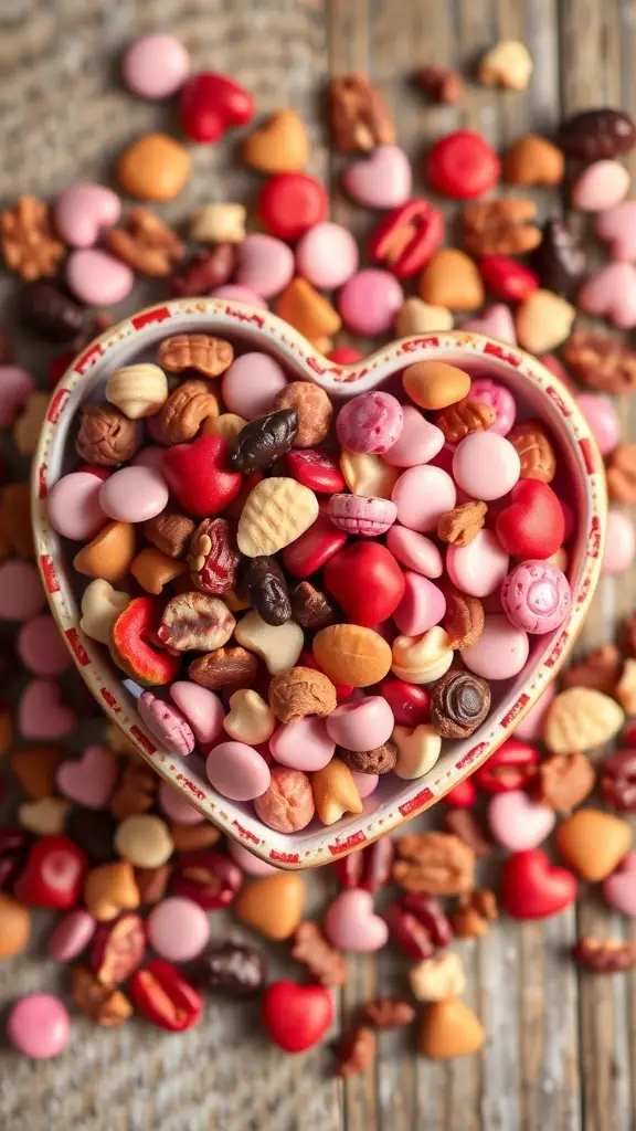A heart-shaped bowl filled with colorful Valentine's Day snacks, including heart-shaped candies and chocolate treats.