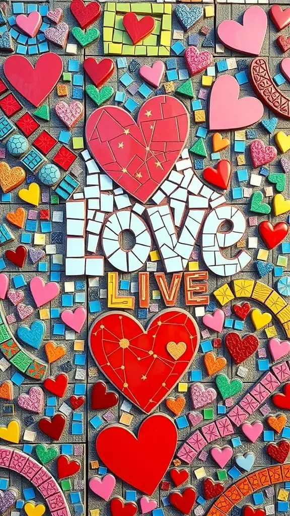 27+ Creative Valentine's Crafts for Adults to Ignite Romance 13 A colorful mosaic featuring hearts and the words 'LOVE' and 'LIVE'.