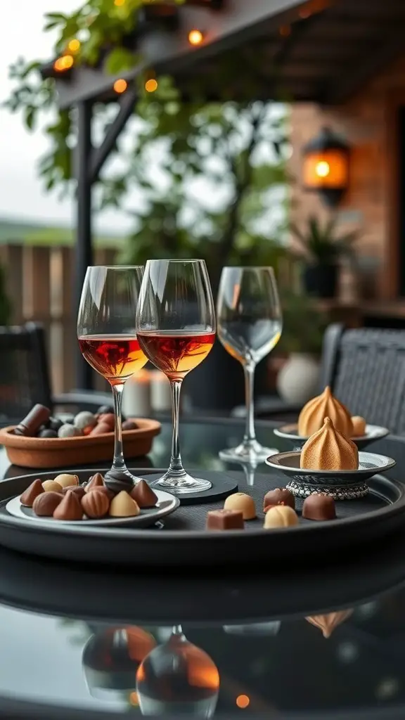A cozy wine and chocolate station with glasses of wine and assorted chocolates on a patio table.