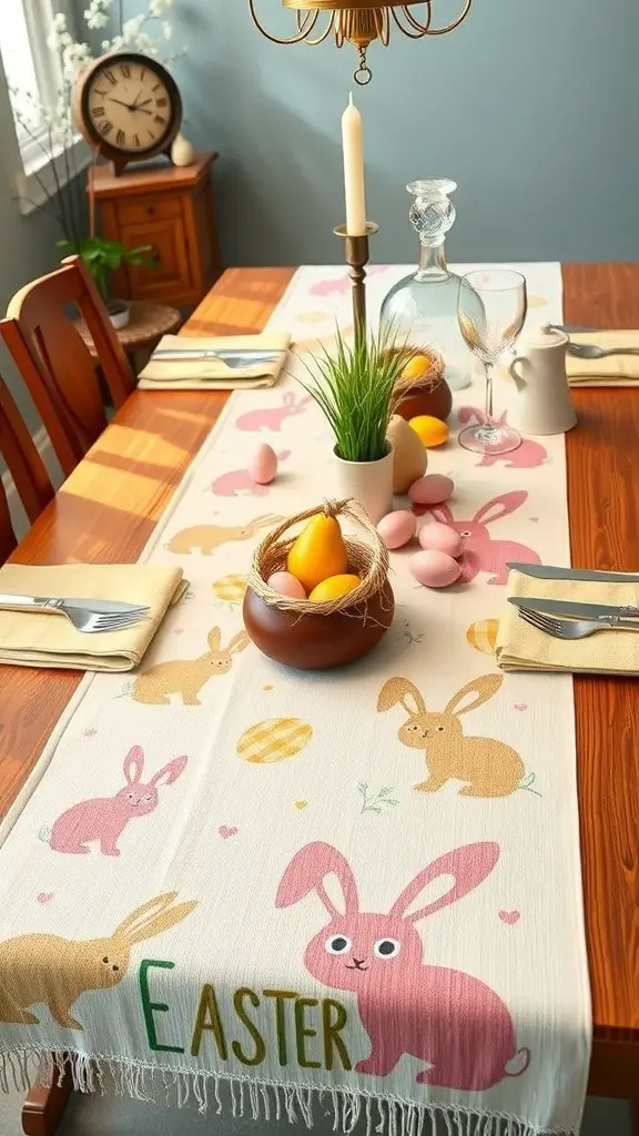 A whimsical Easter table runner featuring bunnies and colorful eggs on a wooden dining table.