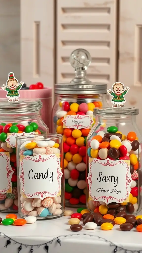 Colorful candy jars with personalized labels filled with various candies.