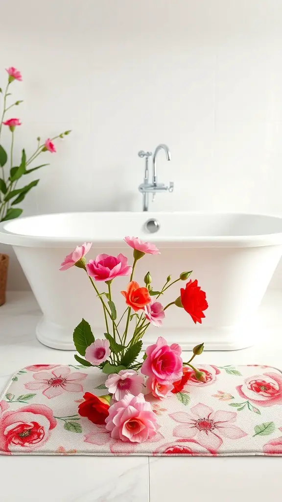 29+ Adorable Valentine Bathroom Decor Ideas for a Romantic Touch 4 A floral bath mat with pink and red flowers, placed in front of a white bathtub.