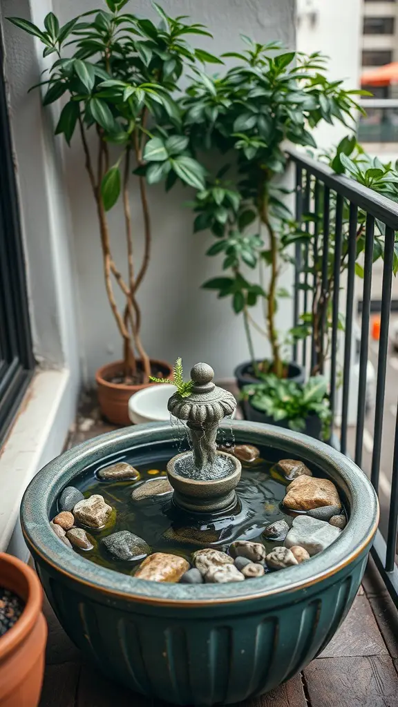 23+ Stylish Mini Balcony Ideas 3 A small balcony with a decorative water fountain surrounded by plants.