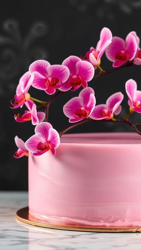 A pink cake decorated with vibrant orchids on top.