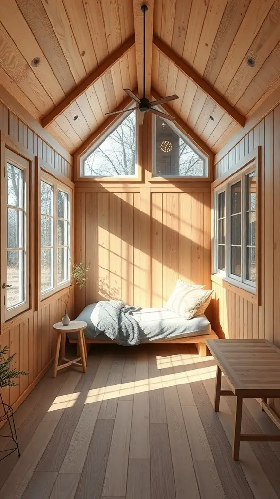 27+ Inspiring Tiny Shed House Ideas 7 A minimalist tiny shed interior with wooden walls, large windows, a cozy seating area, and a small table.