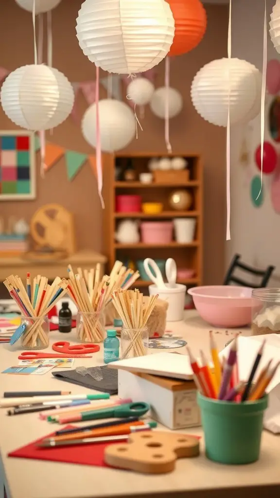 A vibrant craft station with colorful supplies, paper lanterns, and a cozy atmosphere.