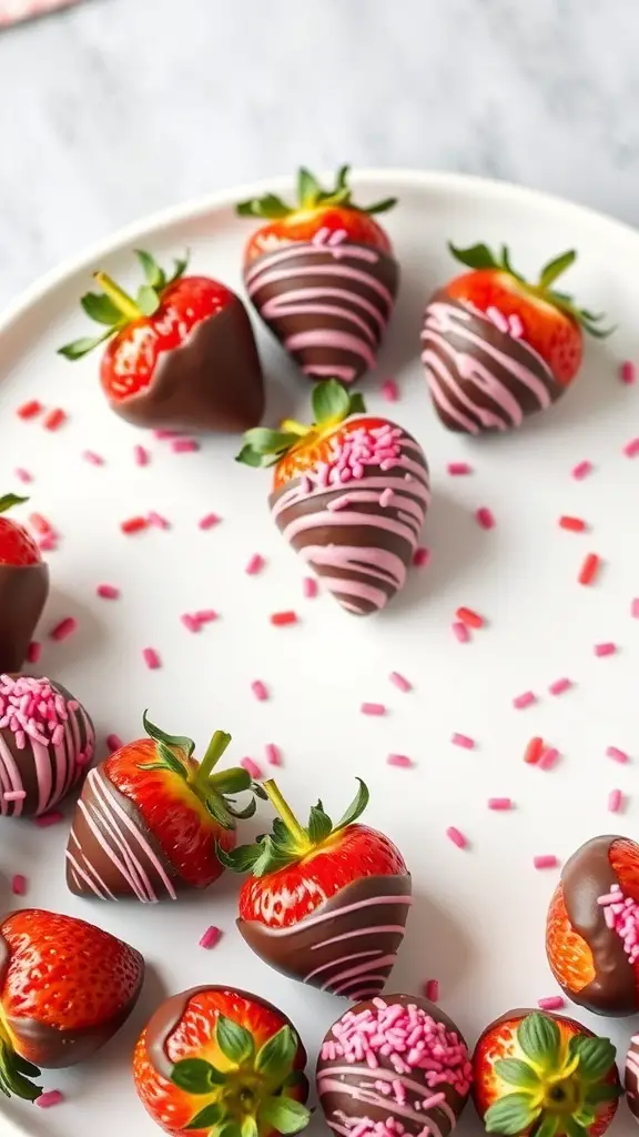 A plate of chocolate-dipped strawberries with pink sprinkles.