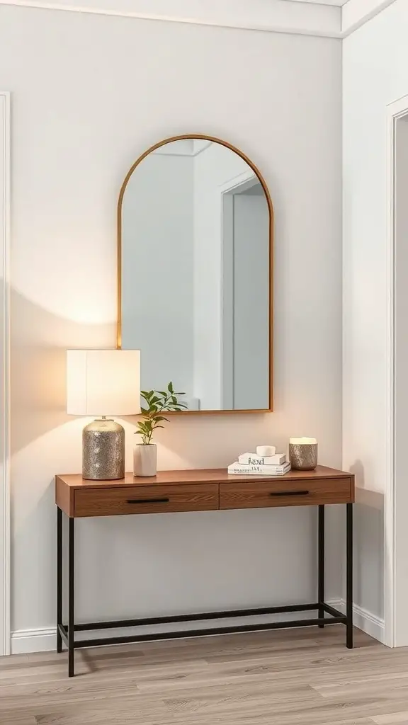 A chic minimalist entryway featuring a wooden console table, a round mirror, a lamp, and a small plant.