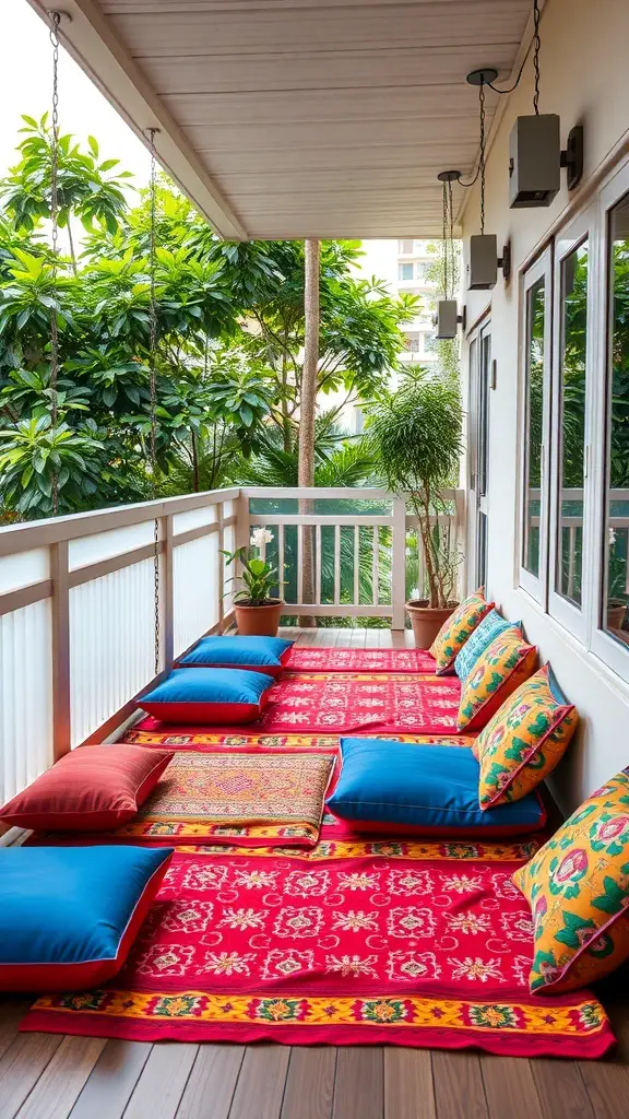 23+ Stylish Mini Balcony Ideas 11 A mini balcony with cushioned floor seating, featuring colorful cushions and a vibrant rug surrounded by greenery.