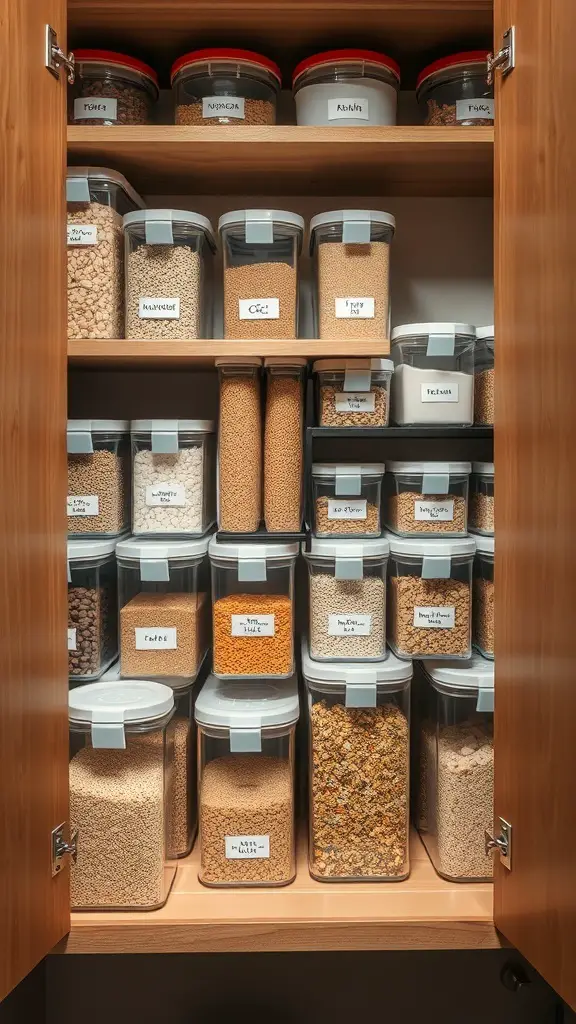 Organized kitchen cupboard with clear containers for dry goods