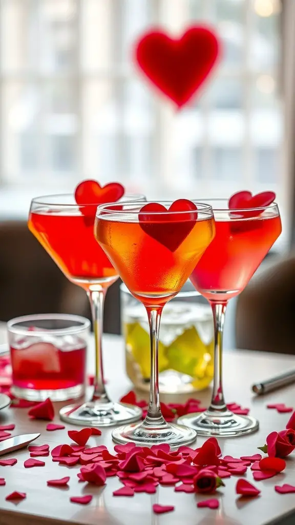 Colorful cocktails with heart-shaped garnishes on a table decorated with rose petals.