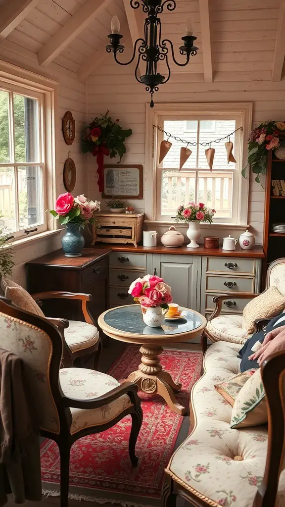 29+ Creative She Shed Ideas for Small Spaces 10 A cozy vintage tea room with floral furniture, a round table, and decorative items.