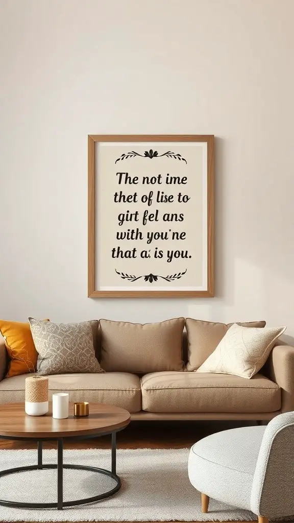 Framed personalized wall art with a heartfelt message displayed on a wall above a cozy sofa.