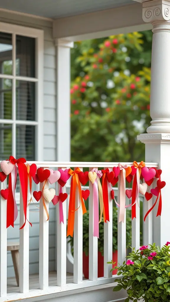 23+ Gorgeous Valentine's Day Porch Decor Ideas You’ll Love 14 Colorful garlands with hearts and ribbons hanging on a porch railing