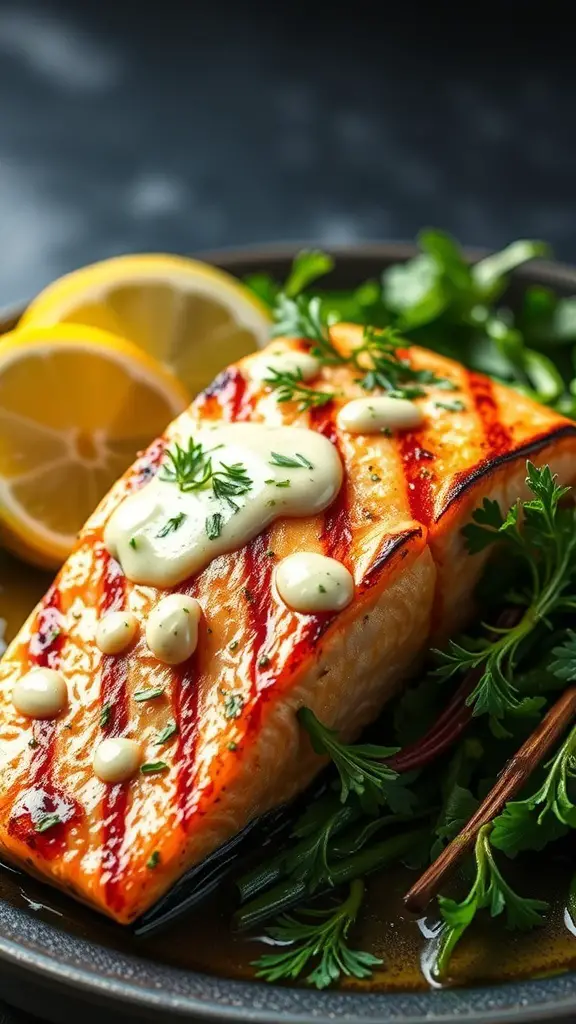 Grilled salmon fillet with dill sauce and lemon slices on a plate