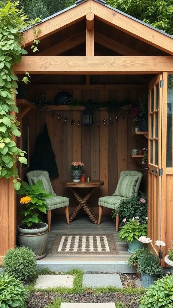 29+ Creative She Shed Ideas for Small Spaces 4 A cozy wooden garden shed with two chairs and a small table, surrounded by plants.