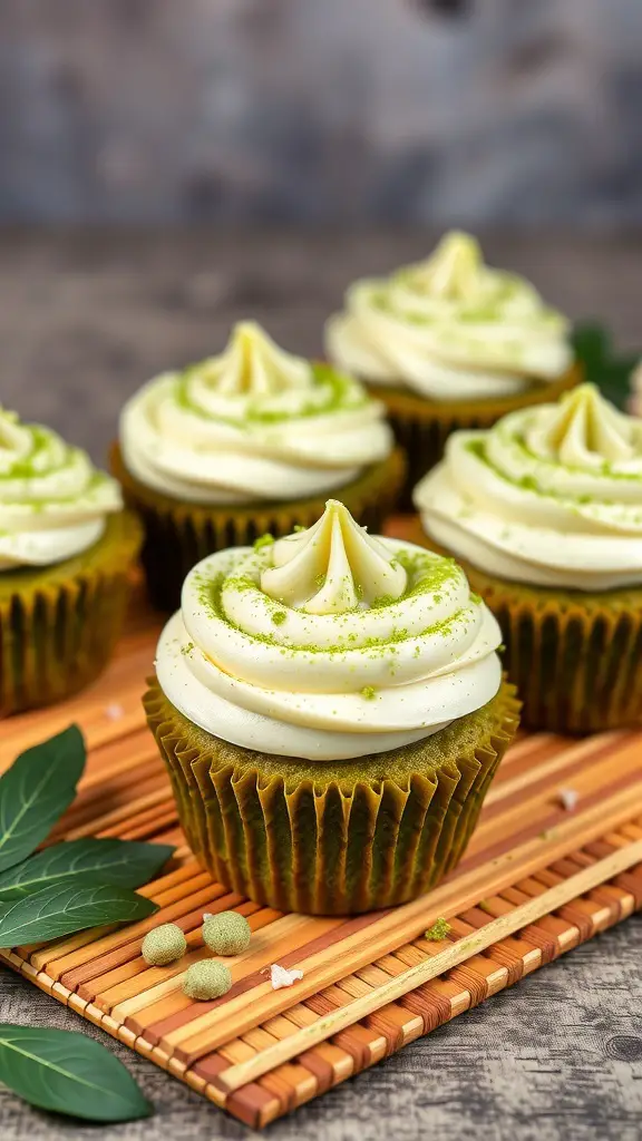 Matcha green tea cupcakes with creamy frosting and matcha powder on top, displayed on a bamboo mat.