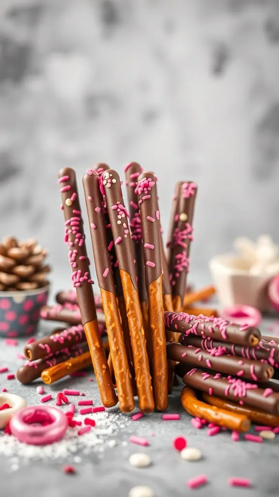 Chocolate-covered pretzel rods with pink and white sprinkles