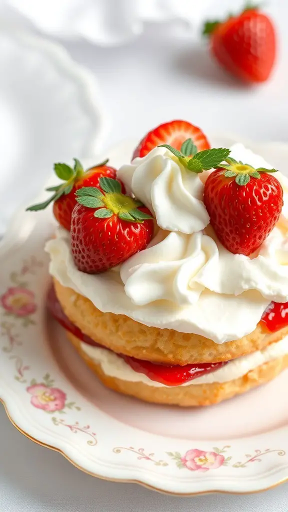 A delicious strawberry shortcake topped with whipped cream and fresh strawberries on a decorative plate.