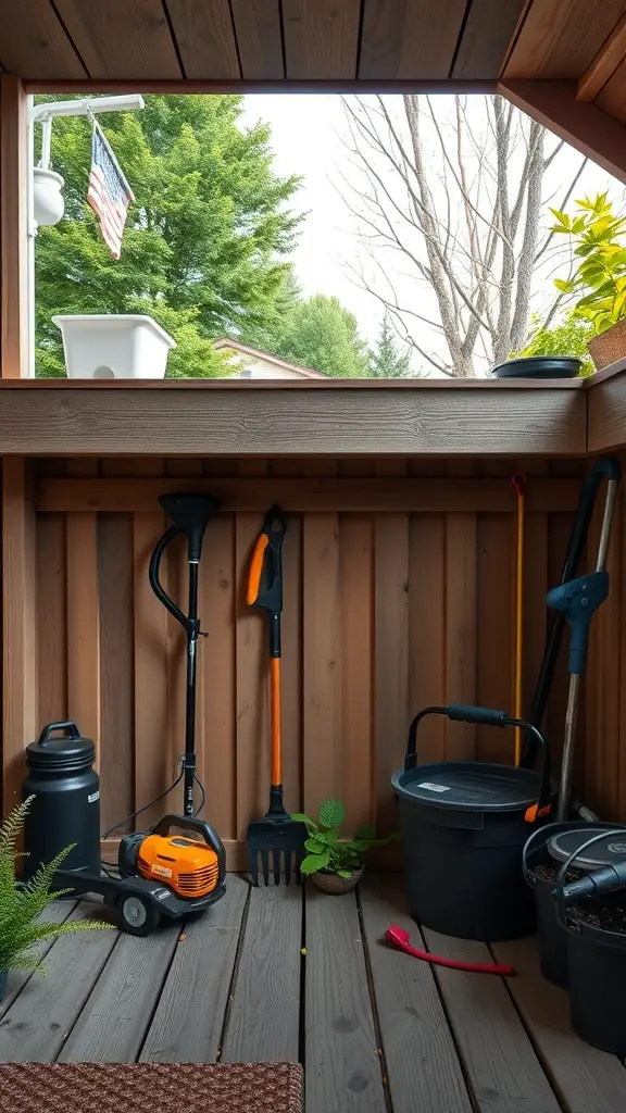Under-deck storage area with gardening tools and plants