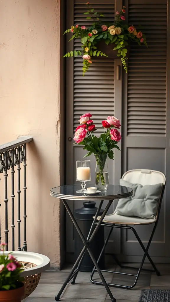 23+ Stylish Mini Balcony Ideas 8 A cozy bistro table setup on a mini balcony with flowers and a candle.