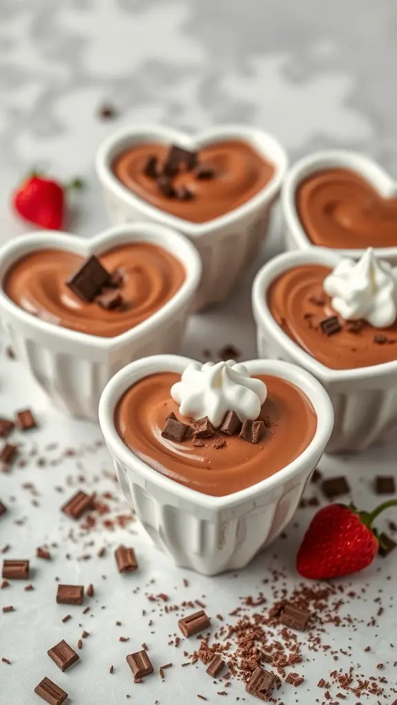 Heart-shaped mousse cups with chocolate mousse, topped with whipped cream and chocolate shavings, surrounded by chocolate pieces and strawberries.