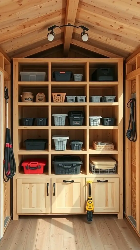 Custom built-in shelves in a shed with various storage bins and tools.