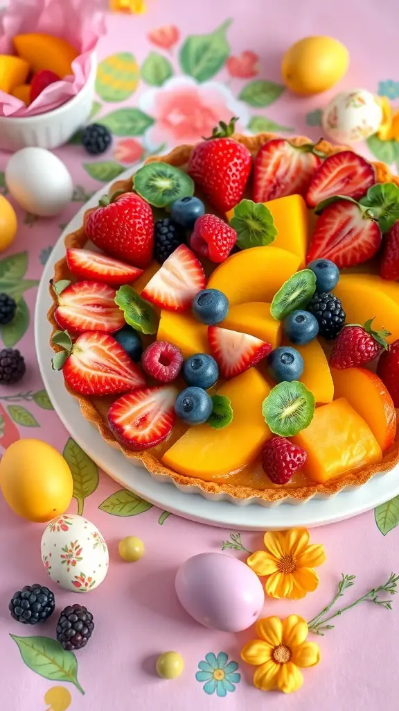 45+ Delightful Easter Desserts You Must Try This Year 14 A colorful springtime fruit tart topped with strawberries, blueberries, and peaches, surrounded by Easter eggs and flowers.