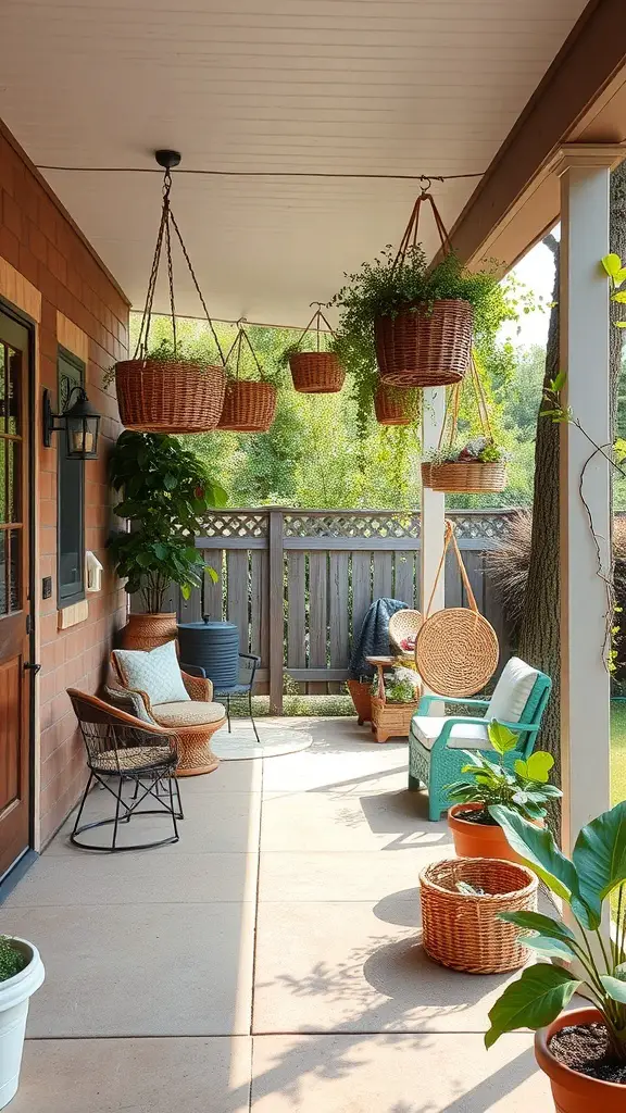 A patio with hanging storage baskets and plants, showcasing a tidy outdoor space.