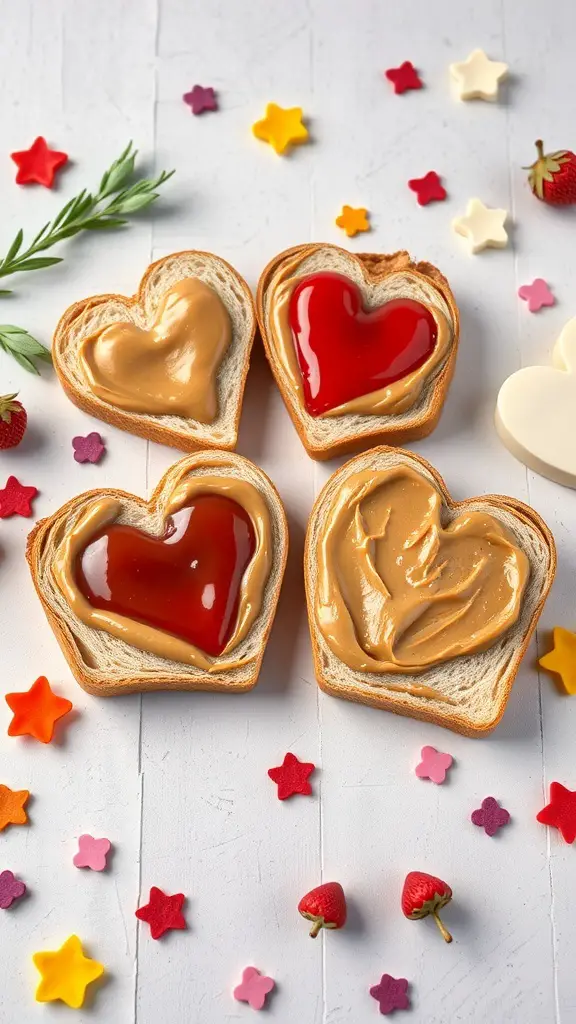Peanut butter and jelly heart sandwiches with colorful sprinkles