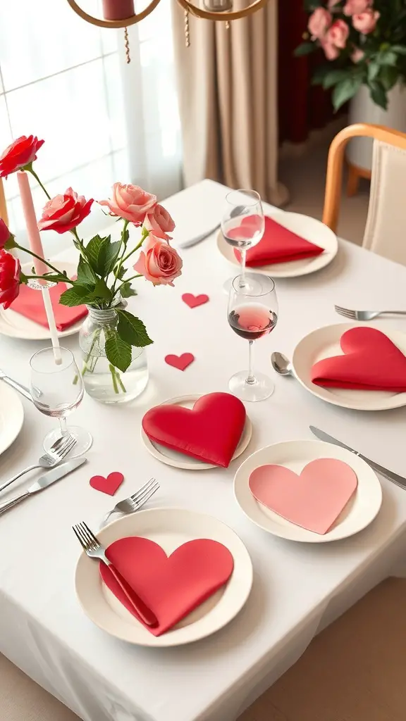 A Valentine's Day themed table setting with heart-shaped plates, red and pink napkins, fresh roses, and wine glasses.