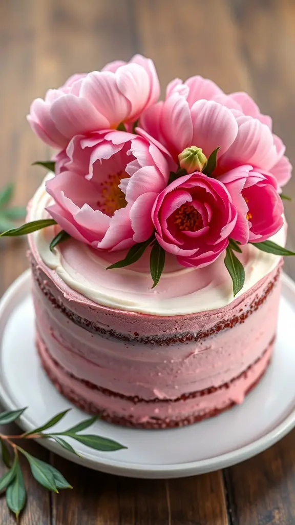 A beautifully decorated Peony Pink Velvet Cake with pink flowers on top.