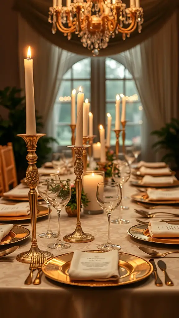 A beautifully set table with golden accents, elegant candle holders, and a chandelier, creating a romantic atmosphere.