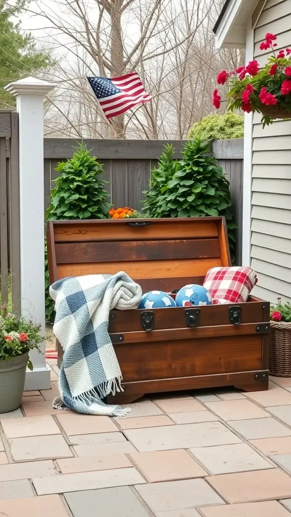 A stylish wooden storage trunk on a patio, surrounded by flowers and greenery.
