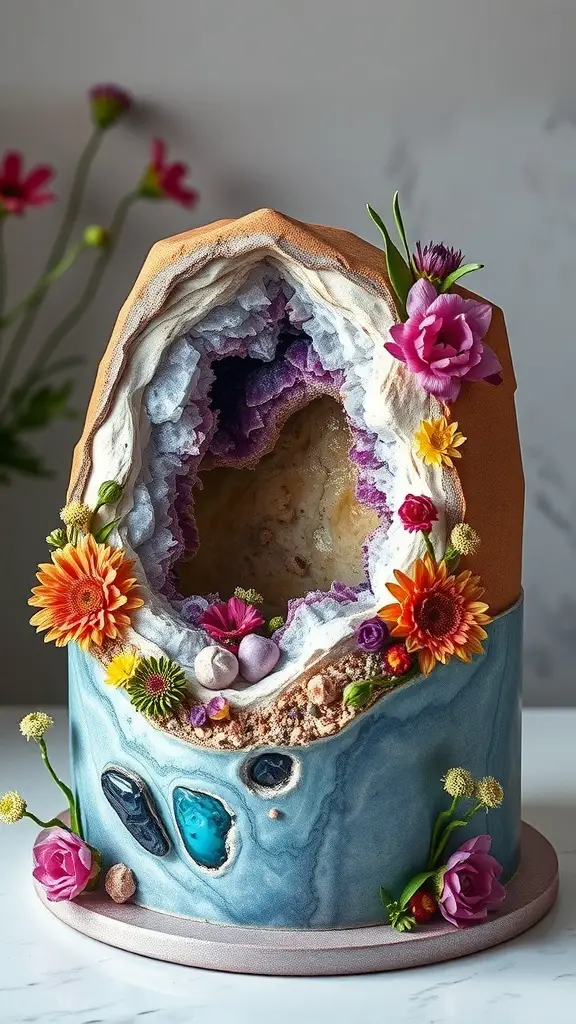 A beautifully crafted Wildflower Geode Cake with colorful flowers and a geode design.