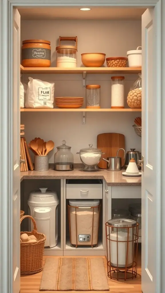 27+ Creative Corner Kitchen Pantry Ideas to Maximize Your Space 13 A well-organized corner kitchen pantry with baking supplies, containers, and a cozy atmosphere.