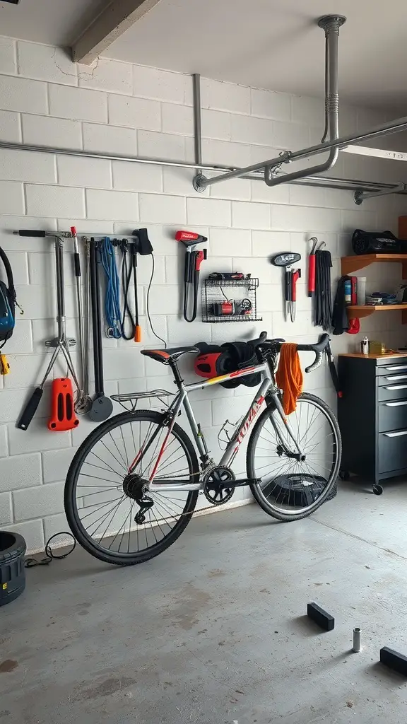 A wall-mounted bike repair station with tools and a bike in a garage.