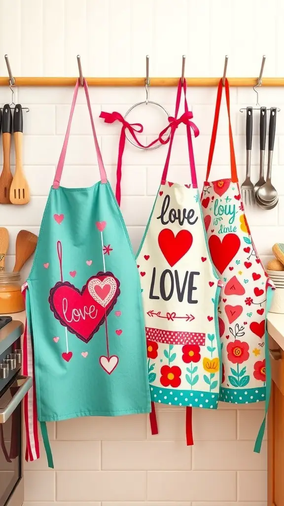 A collection of colorful love-themed aprons hanging in a kitchen.