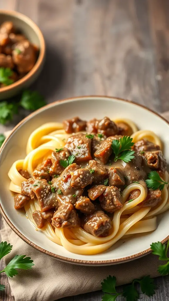 A plate of classic beef stroganoff with noodles topped with parsley.