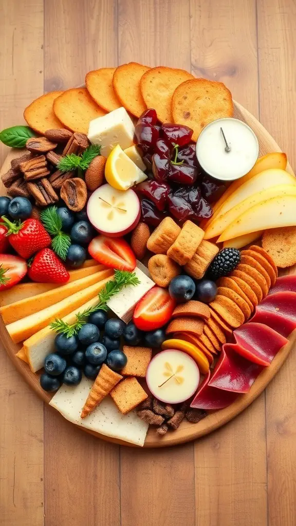 A heart-shaped charcuterie board filled with various cheeses, fruits, nuts, and crackers.