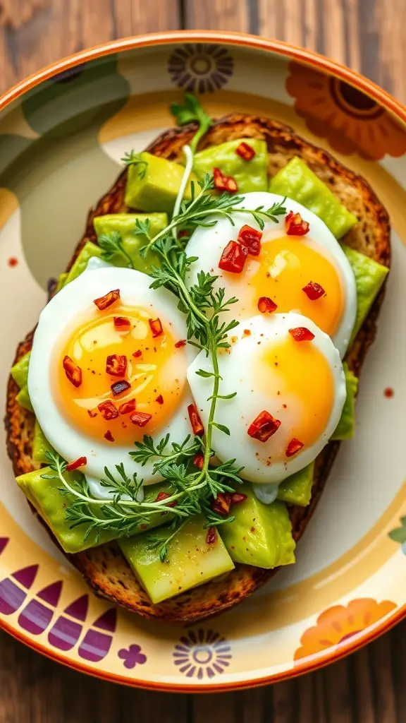 45+ Creative Mother's Day Brunch Ideas 3 A plate of avocado toast topped with poached eggs, red pepper flakes, and fresh herbs.