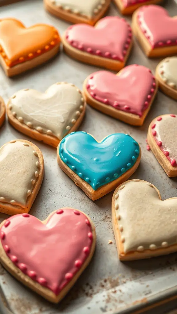 A variety of heart-shaped cookies with colorful icing and decorative edges.