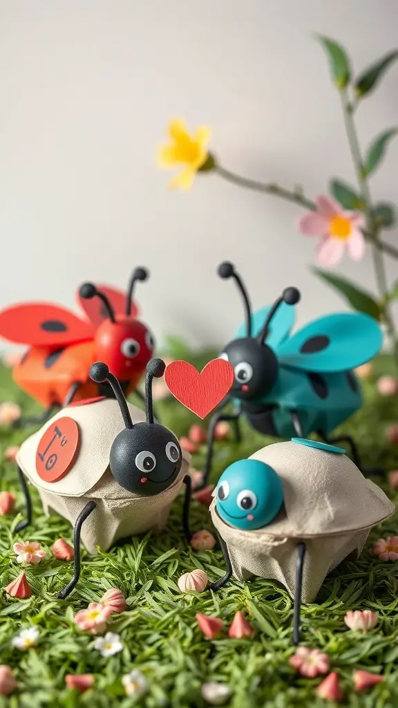 29+ Creative Upcycled Valentine’s Day Decorations to Make This Year 10 Colorful egg carton love bugs with hearts, made from recycled materials, sitting on green grass.