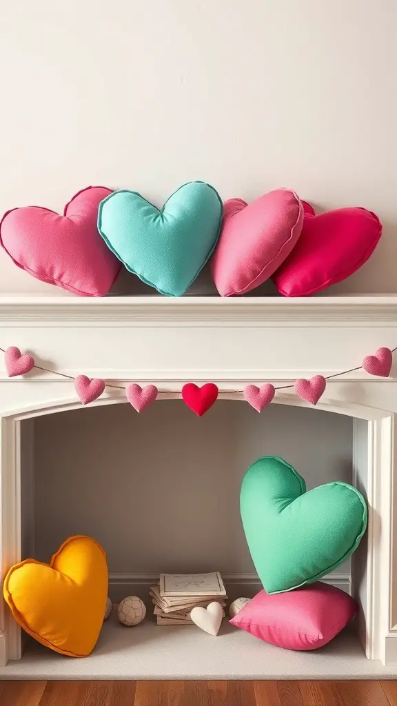 Colorful heart-shaped pillows in pink, teal, and orange arranged on a mantle with a heart garland.