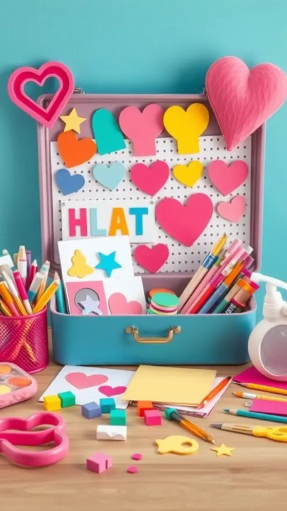 Colorful crafting supplies in a kit, including hearts, stars, and various art tools.