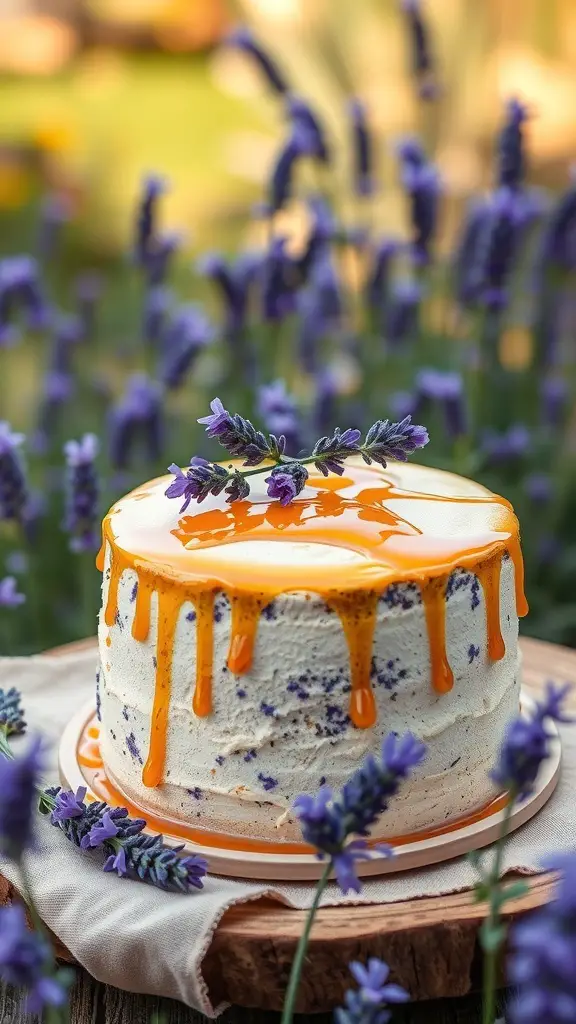 A beautifully decorated lavender honey plant cake with a honey glaze and fresh lavender flowers on top.